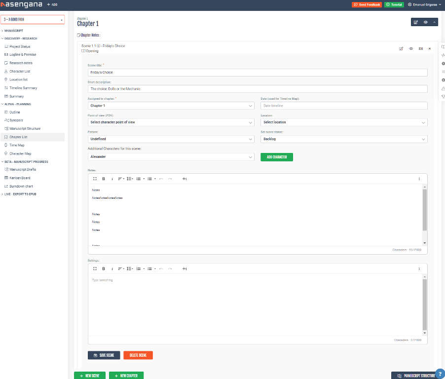 Asengana Updates - New Manuscript Menu and one-page editing for Scenes and Chapters 2