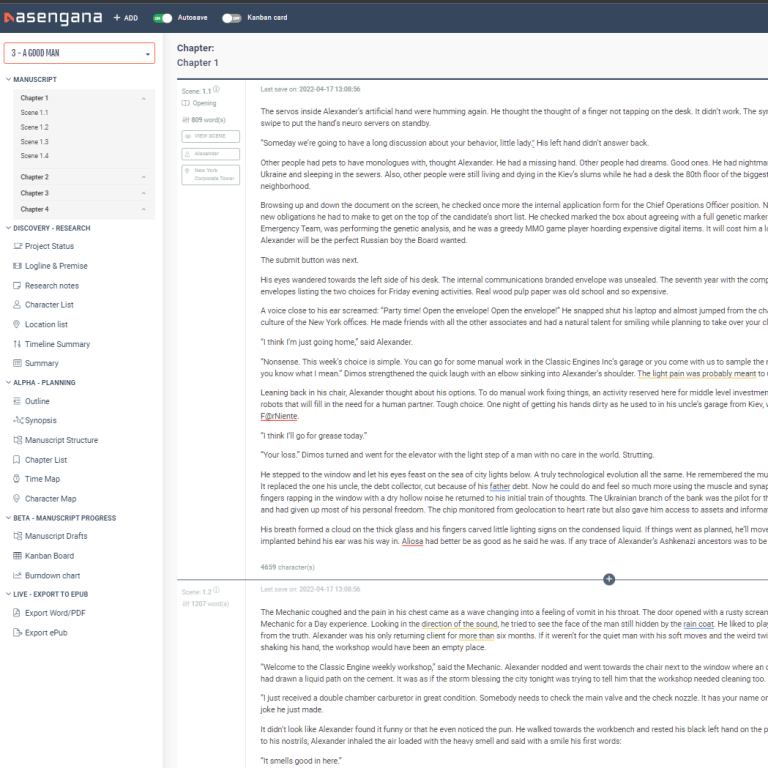 Asengana Updates - New Manuscript Menu and one-page editing for Scenes and Chapters 5